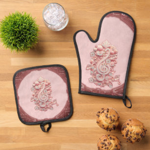 Ensemble De Gant De Cuisine Et De Manique Harmonie en rose, majestueuse clef trible stylisée