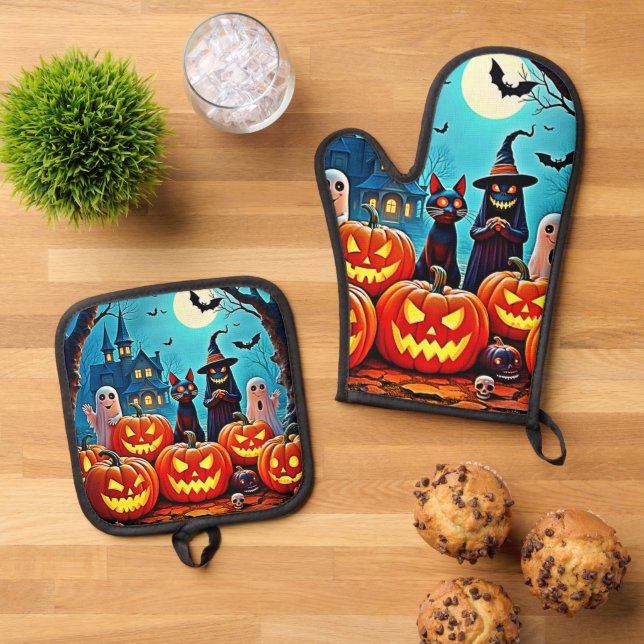Ensemble De Gant De Cuisine Et De Manique Haunted Halloween conception de nuit (De haut en bas)