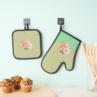 Ensemble De Gant De Cuisine Et De Manique Haut à la menthe avec des rayures orange Floral