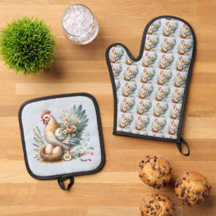 Ensemble De Gant De Cuisine Et De Manique Hen Floral aux Oeufs Charme Vintage Ferme