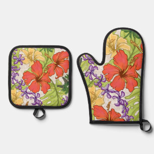 Ensemble De Gant De Cuisine Et De Manique Hibiscus et orchidées hawaïens tropicaux de Keleah