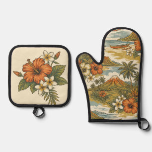 Ensemble De Gant De Cuisine Et De Manique Hibiscus Island Hawaiian Scenic - Poussiéreux