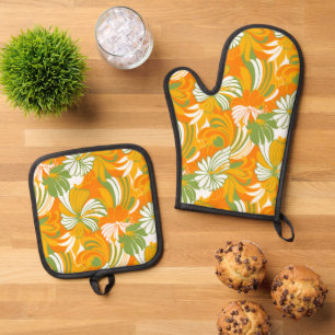 Ensemble De Gant De Cuisine Et De Manique Hibiscus Jungle Hawaiian Tropical Floral Orange