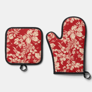 Ensemble De Gant De Cuisine Et De Manique Hibiscus Pareau dénaturé Rouge hawaïen
