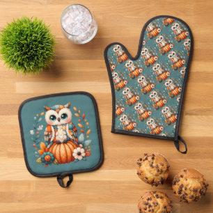 Ensemble De Gant De Cuisine Et De Manique Hibou patchwork sur citrouille — Cottagecore autom