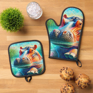 Ensemble De Gant De Cuisine Et De Manique Hippopotame Coloré
