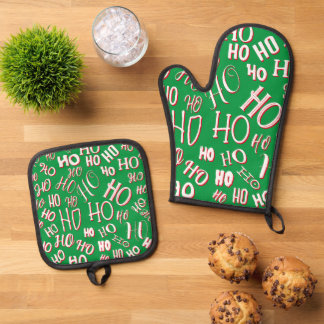 Ensemble De Gant De Cuisine Et De Manique HO HO HO motif de texte de Noël blanc vert rouge