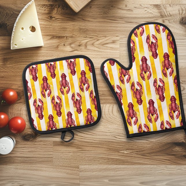 Ensemble De Gant De Cuisine Et De Manique Homard d'aquarelle marine Bande jaune (Créateur téléchargé)