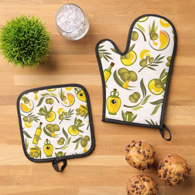 Ensemble De Gant De Cuisine Et De Manique Huile d'olive jaune (De haut en bas)