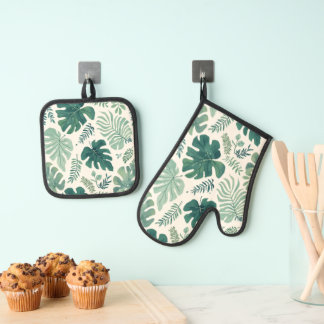 Ensemble De Gant De Cuisine Et De Manique Humeur de Monstera - Feuille tropicale