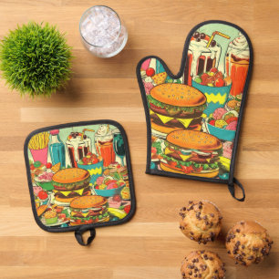 Ensemble De Gant De Cuisine Et De Manique Illustration de bande dessinée alimentaire rétro