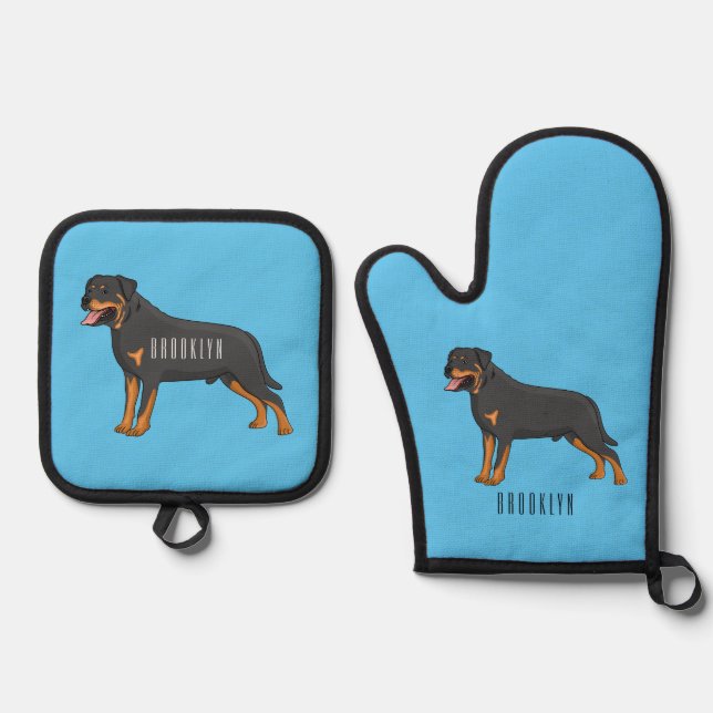 Ensemble De Gant De Cuisine Et De Manique Illustration de chien Rottweiler (Recto)