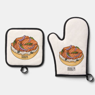 Ensemble De Gant De Cuisine Et De Manique Illustration de dessin animé de bagel au saumon