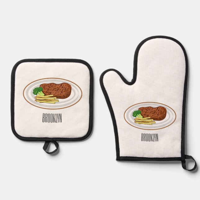 Ensemble De Gant De Cuisine Et De Manique Illustration de dessin de steak (Recto)