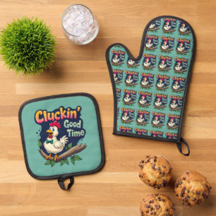 Ensemble De Gant De Cuisine Et De Manique Illustration de poulet amusant pour le bon temps d
