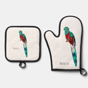Ensemble De Gant De Cuisine Et De Manique Illustration d'oiseau de quetzal resplendissant