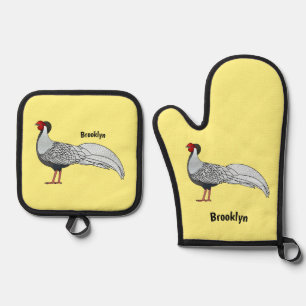 Ensemble De Gant De Cuisine Et De Manique Illustration d'oiseau faisan d'argent