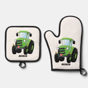 Ensemble De Gant De Cuisine Et De Manique Illustration du joli joyeux tracteur agricole vert