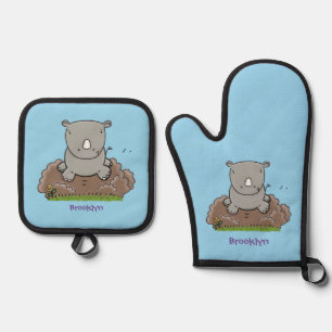 Ensemble De Gant De Cuisine Et De Manique Illustration d'un petit rhinocéros