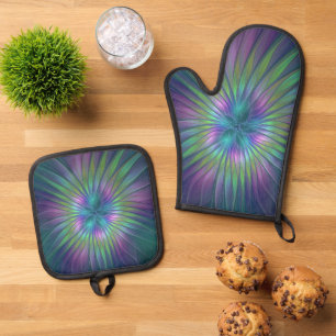 Ensemble De Gant De Cuisine Et De Manique Imaginaire brillant coloré Fleur Abstrait Fractal 