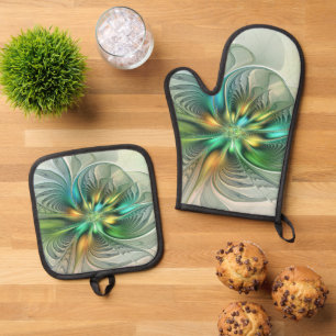 Ensemble De Gant De Cuisine Et De Manique Imaginaire coloré Moderne Fleur Abstraite Fractale