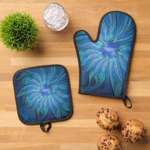Ensemble De Gant De Cuisine Et De Manique Imaginaire Fleur Bleue Motif, Art Fractal Abstrait