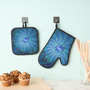 Ensemble De Gant De Cuisine Et De Manique Imaginaire Fleur Bleue Motif, Art Fractal Abstrait