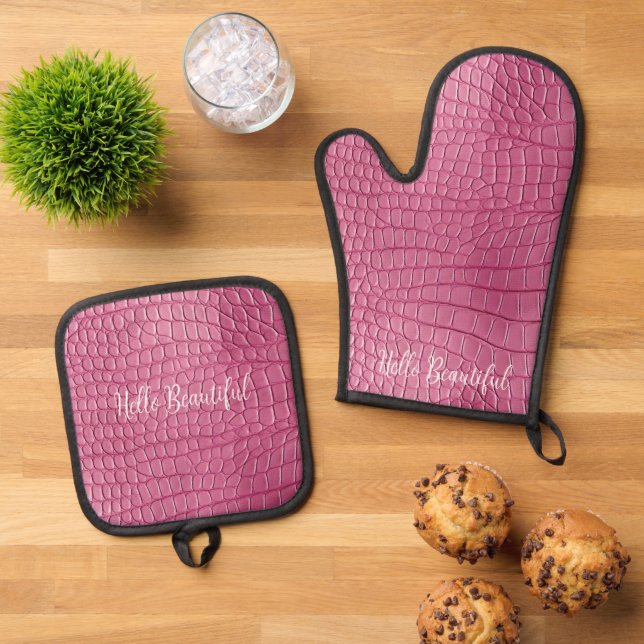 Ensemble De Gant De Cuisine Et De Manique Impression d'animal d'alligator rose (De haut en bas)