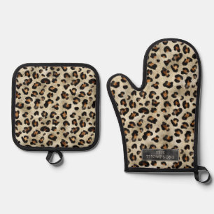 Ensemble De Gant De Cuisine Et De Manique Impression d'animal léopard avec fausse feuille no