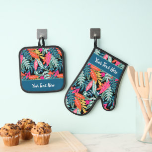 Ensemble De Gant De Cuisine Et De Manique Impression de feuille florale tropicale fantaisist