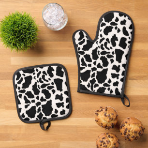 Ensemble De Gant De Cuisine Et De Manique Impression de vache noire et blanche