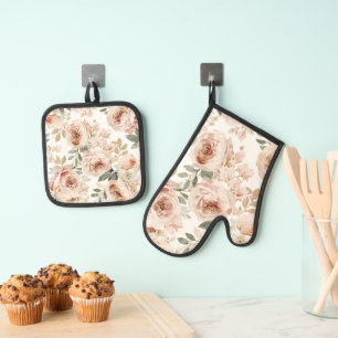 Ensemble De Gant De Cuisine Et De Manique Impression florale aquarelle de roses roses botani