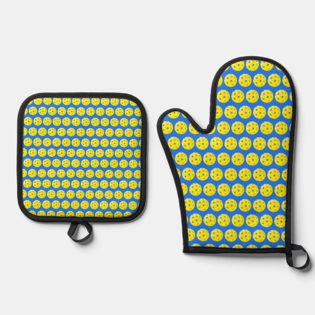 Ensemble De Gant De Cuisine Et De Manique Impression Fun Yellow sur Blue Pickleball  (Recto)