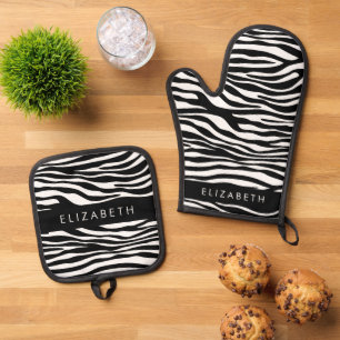 Ensemble De Gant De Cuisine Et De Manique Impression Zèbre, Grilles, Noir Et Blanc, Votre No