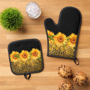 Ensemble De Gant De Cuisine Et De Manique Imprimé animal pailleté et tournesols