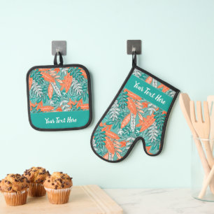 Ensemble De Gant De Cuisine Et De Manique Imprimé de feuille florale tropicale fantaisiste