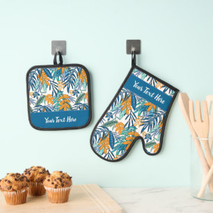 Ensemble De Gant De Cuisine Et De Manique Imprimé de feuille florale tropicale fantaisiste