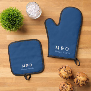 Ensemble De Gant De Cuisine Et De Manique Initiales Monogramme Couple Nom Marine Bleu