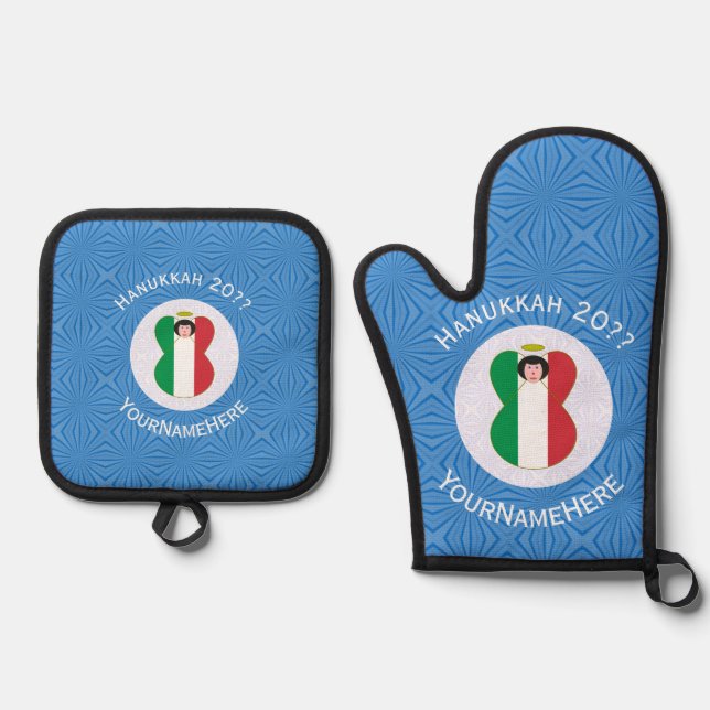 Ensemble De Gant De Cuisine Et De Manique Italian Angel Hanukkah Flag Personalized  (Recto)