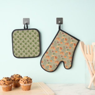 Ensemble De Gant De Cuisine Et De Manique Ivy vert et Citrouille orange