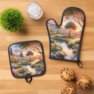 Ensemble De Gant De Cuisine Et De Manique Jardin de Cottage au Ruisseau au Coucher du Soleil