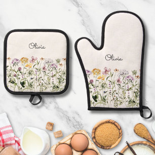Ensemble De Gant De Cuisine Et De Manique Jardin de fleurs sauvages à aquarelle personnalisé