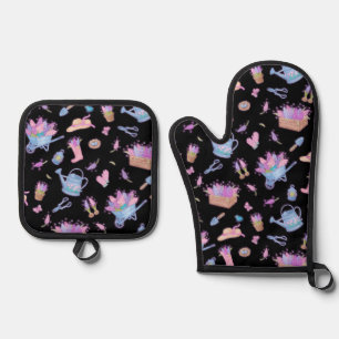 Ensemble De Gant De Cuisine Et De Manique Jardin de Jacinthe Floral Noir