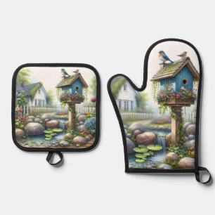 Ensemble De Gant De Cuisine Et De Manique Jardin de maisonnette à l'aquarelle avec nichoir à