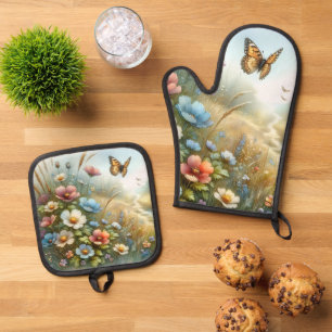 Ensemble De Gant De Cuisine Et De Manique Jardin de papillons de la prairie fleurie