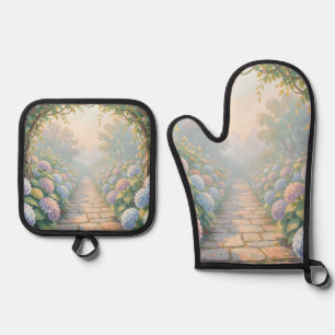 Ensemble De Gant De Cuisine Et De Manique Jardin de rêve d'hortensias Arche de pierre Chemin