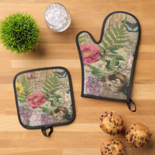 Ensemble De Gant De Cuisine Et De Manique Jardin Floral de Nid d'Oiseau Art Papillon Fleur