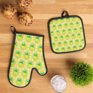 Ensemble De Gant De Cuisine Et De Manique Jaune Citron Ensoleillé Rétro Vert Printemps