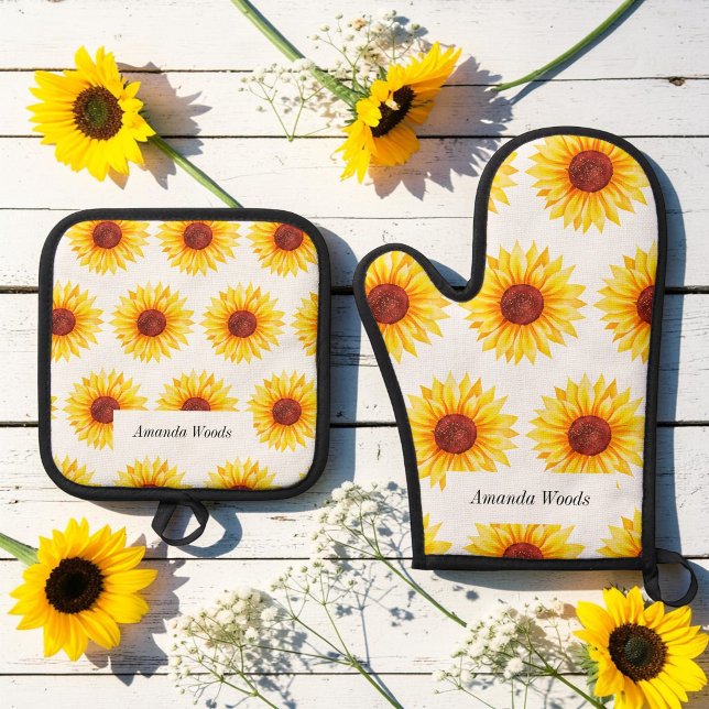 Ensemble De Gant De Cuisine Et De Manique Jaune Tournesol Blanc Chic (Créateur téléchargé)