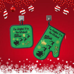 Ensemble De Gant De Cuisine Et De Manique Je le dors dans la cuisine ! Vert Noël